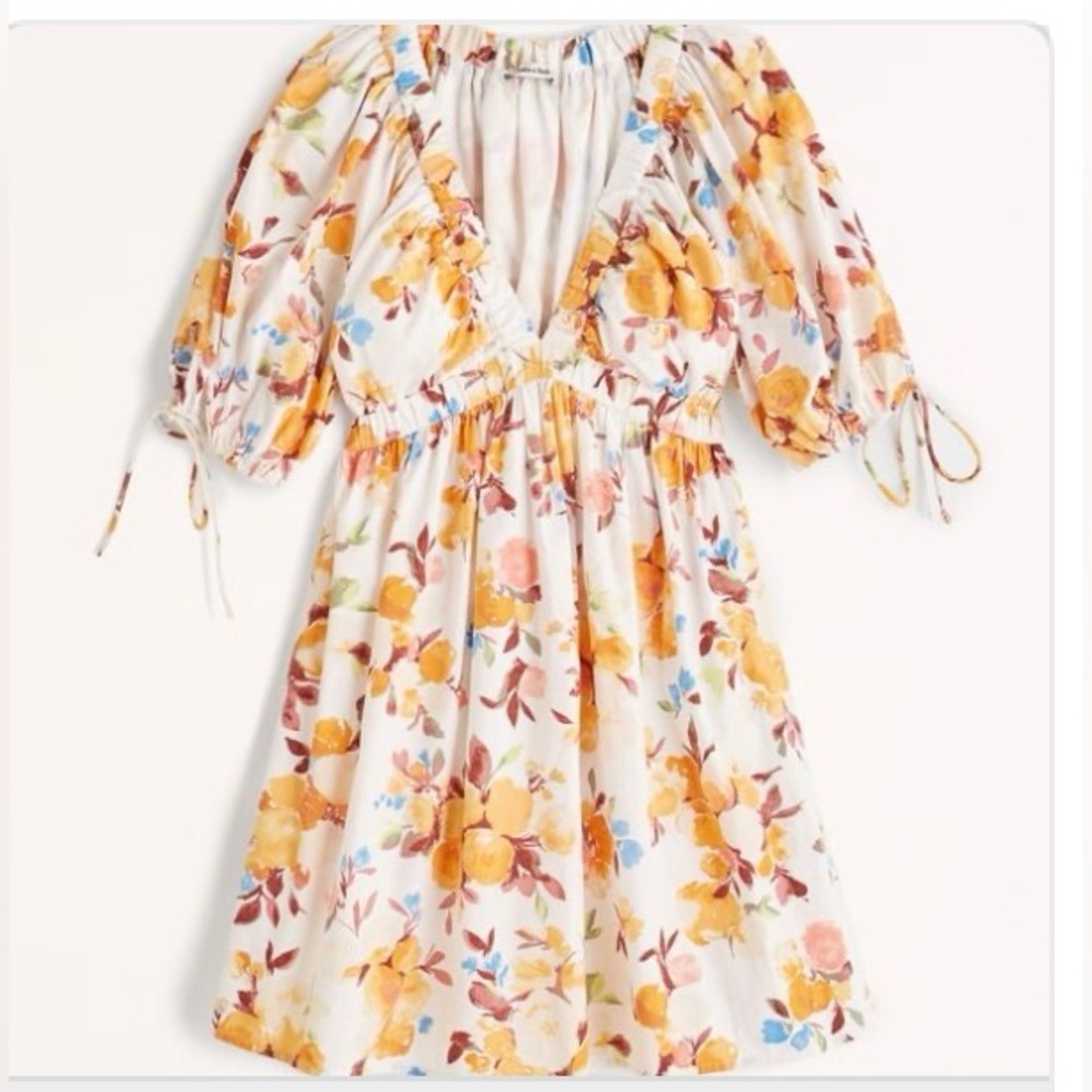 NWT Abercrombie & Fitch Poplin Puff Sleeve Babydoll Flower Dress. XS petite